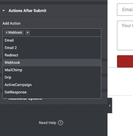 Choose webhook in the elementor form options